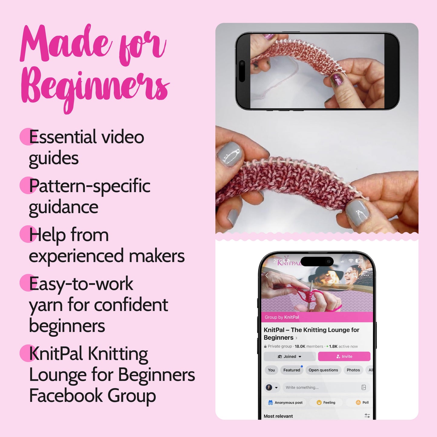 KnitPal Everyday Joy Knitting Kit – Make 4 Reusable Dishcloths for Confident Beginners – Cotton to The Core Yarn (#3 DK), Needles, Patterns & Video Tutorials (Cherry Red + Blush Pink)
