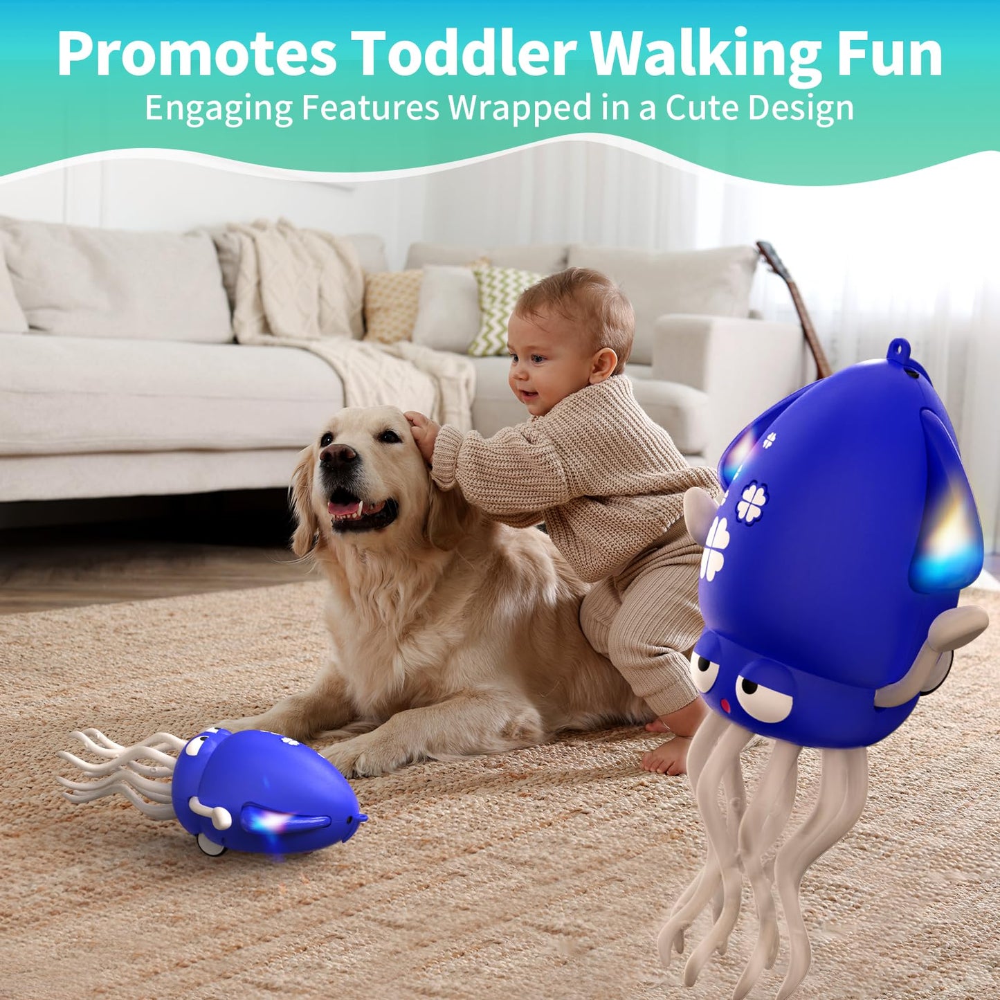SWTOIPIG Interactive Dancing Octopus Toy,LED Light-Up Music Crawling Squid with Smart Obstacle Avoidance & Fishing Rod,Tummy Time Baby Toy (Blue)