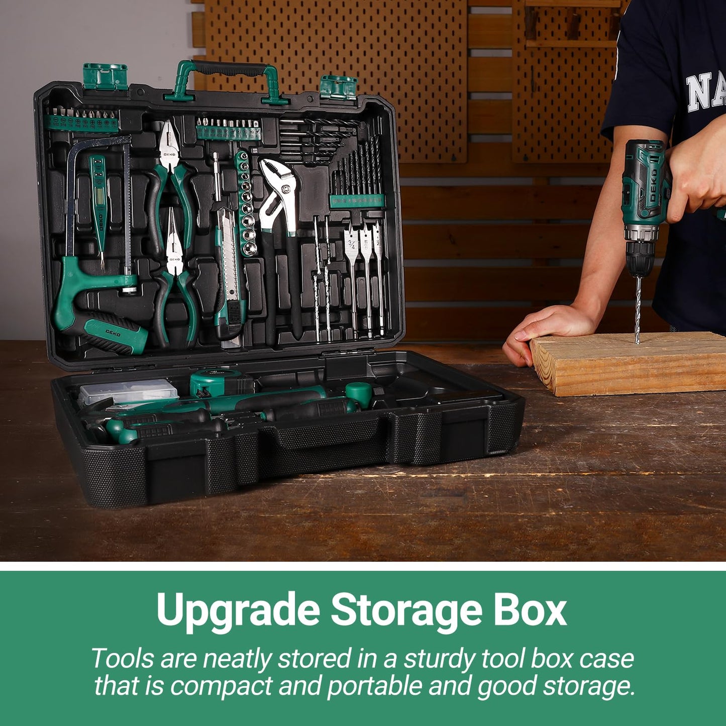 Green Drill Tool Kit Set: 20V Cordless Power Drill Tool Box with Battery Electric Drill Driver for Men Home Hand Repair Basic Toolbox Tools Sets Drills Case