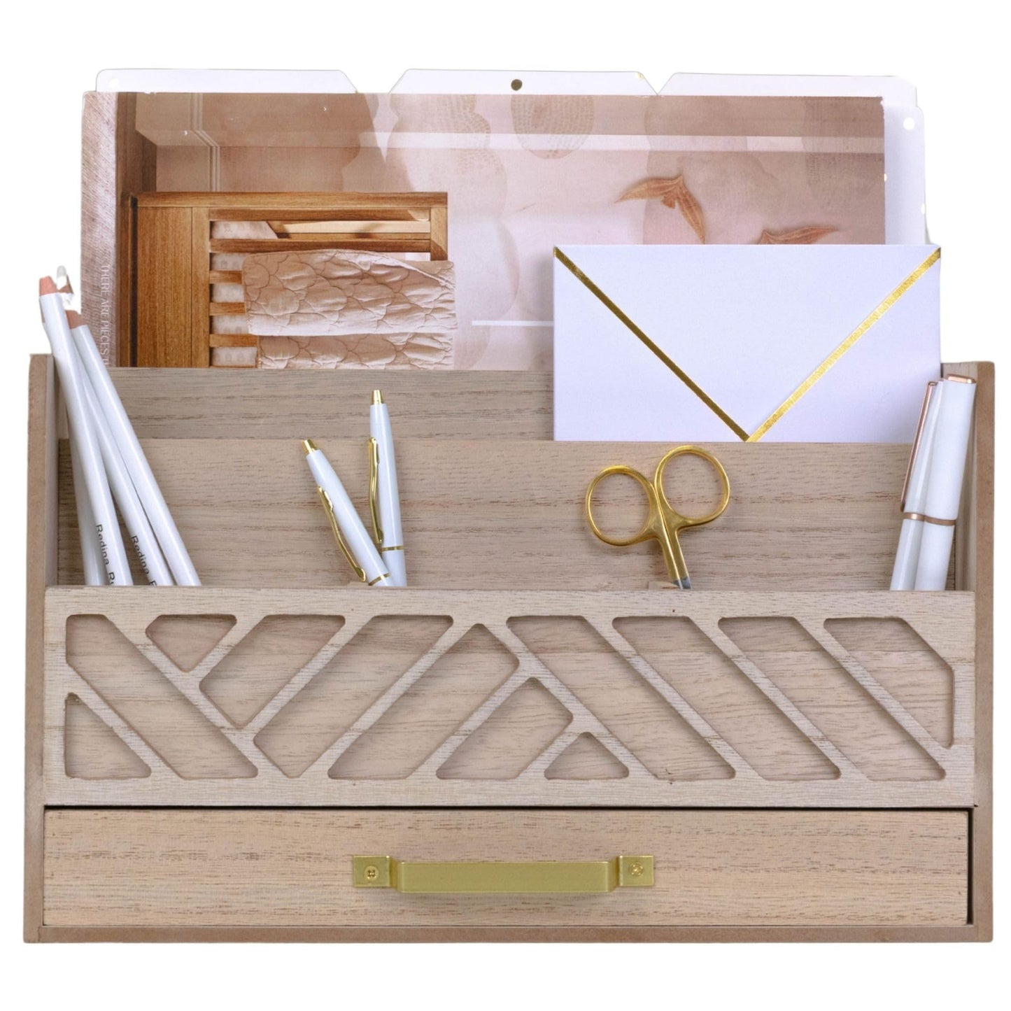 BLU MONACO | Wooden Mail Organizer with Drawer and Gold Handle | Outgoing Mail Holder and Letter Sorter for Desk | Natural Wood Desktop Paper Organizer