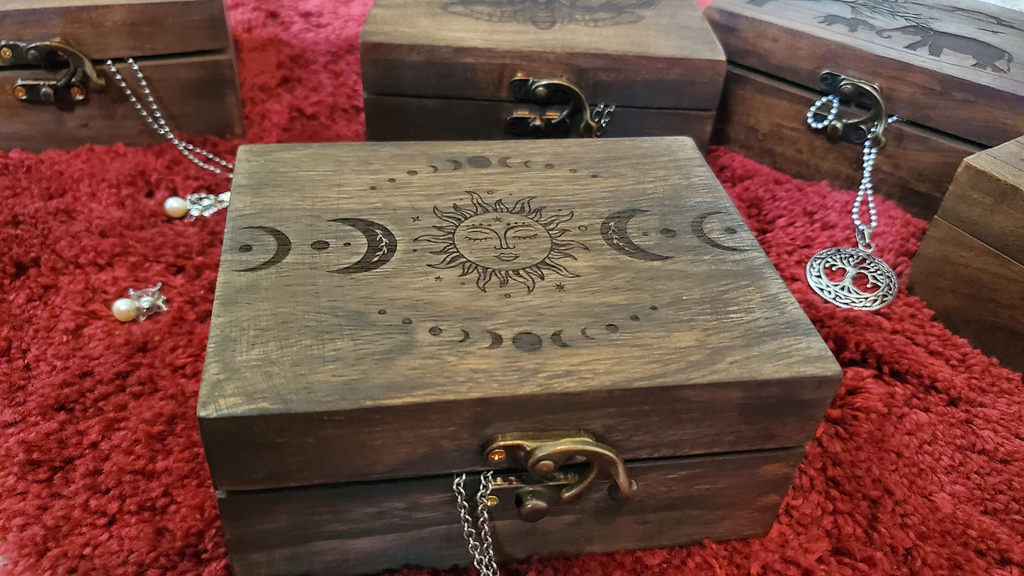 Engraved Wooden Tarot Box for Cards Crystal Holder | Sun and Moon Fortune Telling Astrology Trinket Keepsake Box. Fengshui Luck Talisman Decorative Gift Case/Holder