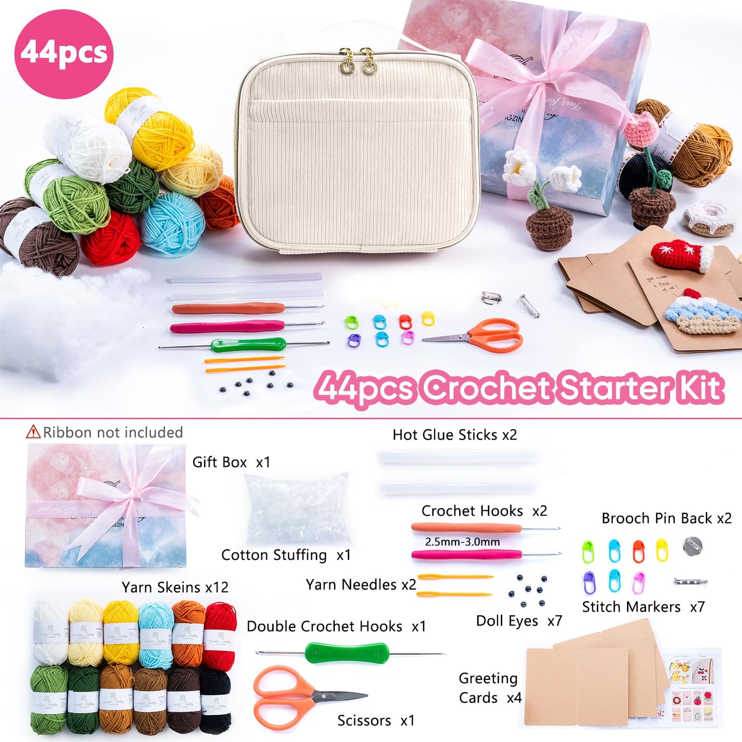 MYBAGZING Crochet Kit for Beginners, Complete Starter Set with Yarn, Ergonomic Crochet Hooks, Needles, Crochet Accessories and Suppliers for Crochet Beginner Projects, Knitting Kit for Adult