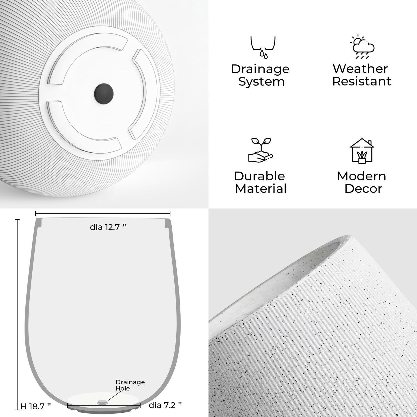 Worth Garden White Large Round Planter, 12.5" Dia x 18.5" H Lightweight Magnesium Oxide Cement Plant Pot with a Striped Textured Finish, Raised Pattern Concrete Look, Drainage Hole, Indoor & Outdoor