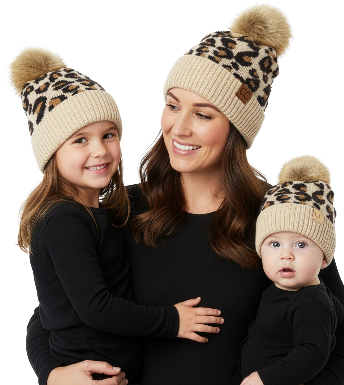 Funky Junque Matching Adult Toddler Infant POM Hat - Adult/Toddler/Infant Leopard Beige (3 Pack)