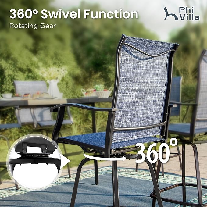 PHI VILLA Outdoor Swivel Bar Stools Set of 4, Bar Height Patio Stools & Chairs with All Weather Textilene Sling Fabric, 30 Inch High Top Tall Bar Chairs for Outside Balcony & Porch, Blue