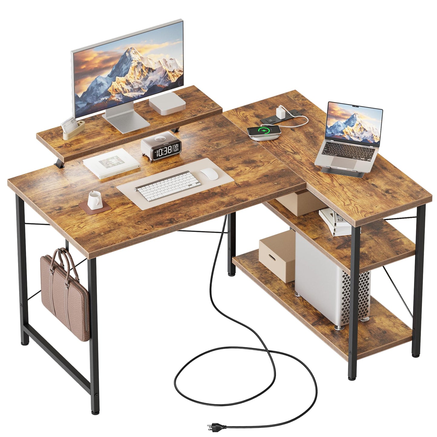 Mericonia Small L Shaped Computer Desk with Power Outlets, Reversible Gaming Desk with Storage Shelves & Monitor Stand, Corner Gamer Desk Table, Study Writing Table