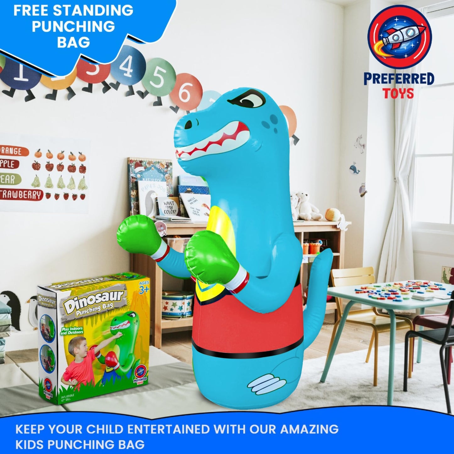 Inflatable Punching Bag for Kids - Bop Bag Inflatable Punching Toy - Inflatable Dinosaur with Instant Bounce Back Movement - Bottom Space Can Use Either Sand or Water (47” Height)