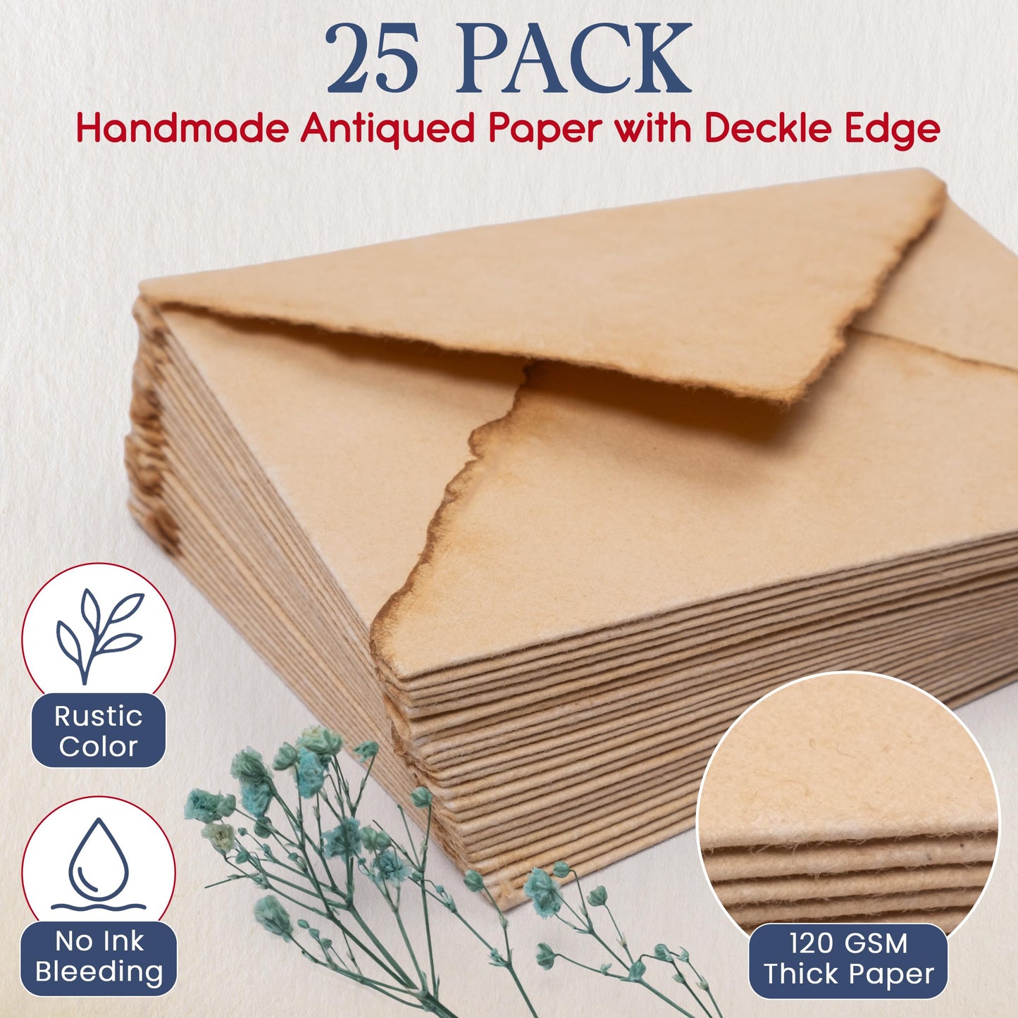 Wanderings Handmade Antiqued Envelope with Deckle Edge - 4.25 x 6.25" - Package of 25 for Writers Invitations Announcements - Cold Press Thick 150 GSM Recycled Paper