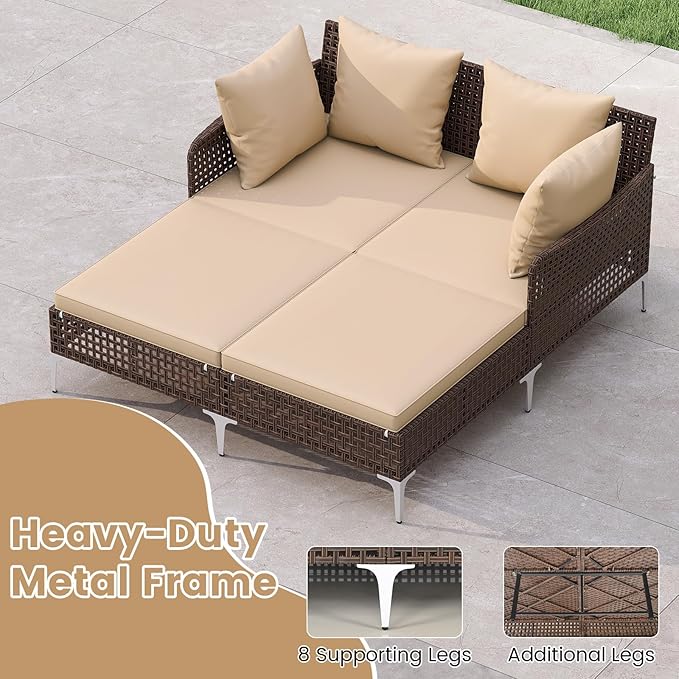 HAPPYGRILL Outdoor Patio Daybed PE Rattan Sunbed with Pillows and Cushions, Heavy-Duty Metal Frame, Outdoor Bed Lounger for Porch, Backyard and Poolside (Beige)
