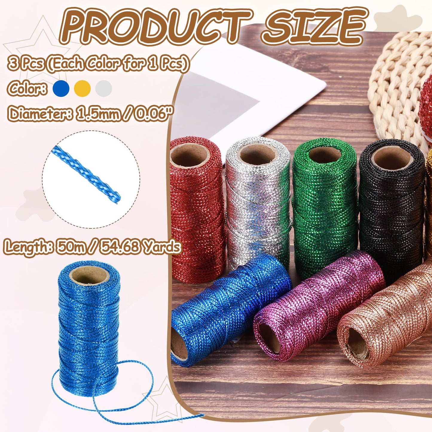 HARFINGTON 3 Roll 1.5mm Metallic String, 16 Ply Decorative Metallic Bakers Twine Thread Cord Rope for Gift Wrapping DIY Crafts Making Decor, Gold Tone/Silver Tone/Blue, 164Yards Total