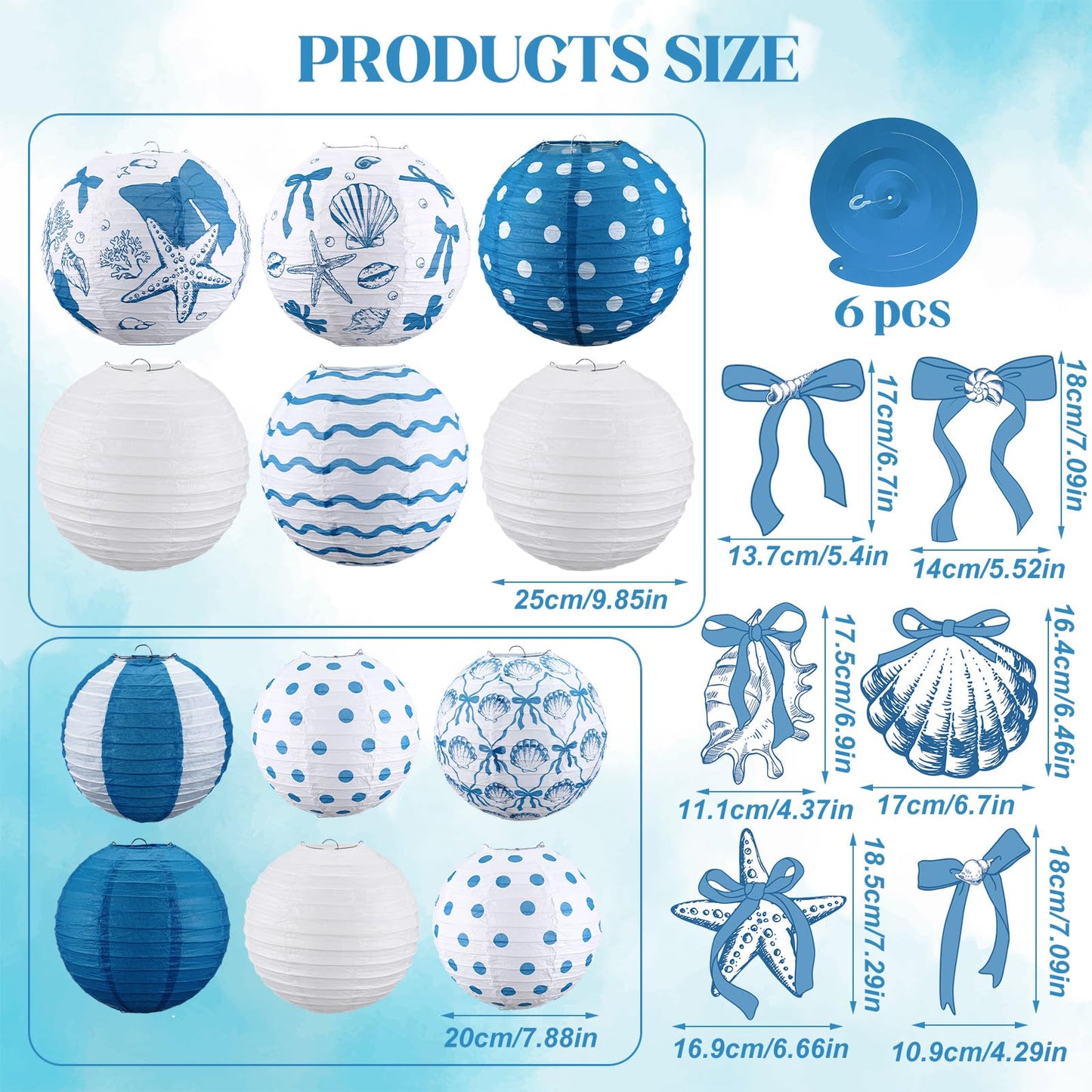 18 Pcs Summer Party Decorations Set Coastal Beach Seashell Paper Lanterns Blue Bow Starfish Hanging Swirls Ocean Nautical Pool Party Hanging Decor for Birthday Wedding Baby Shower Decor