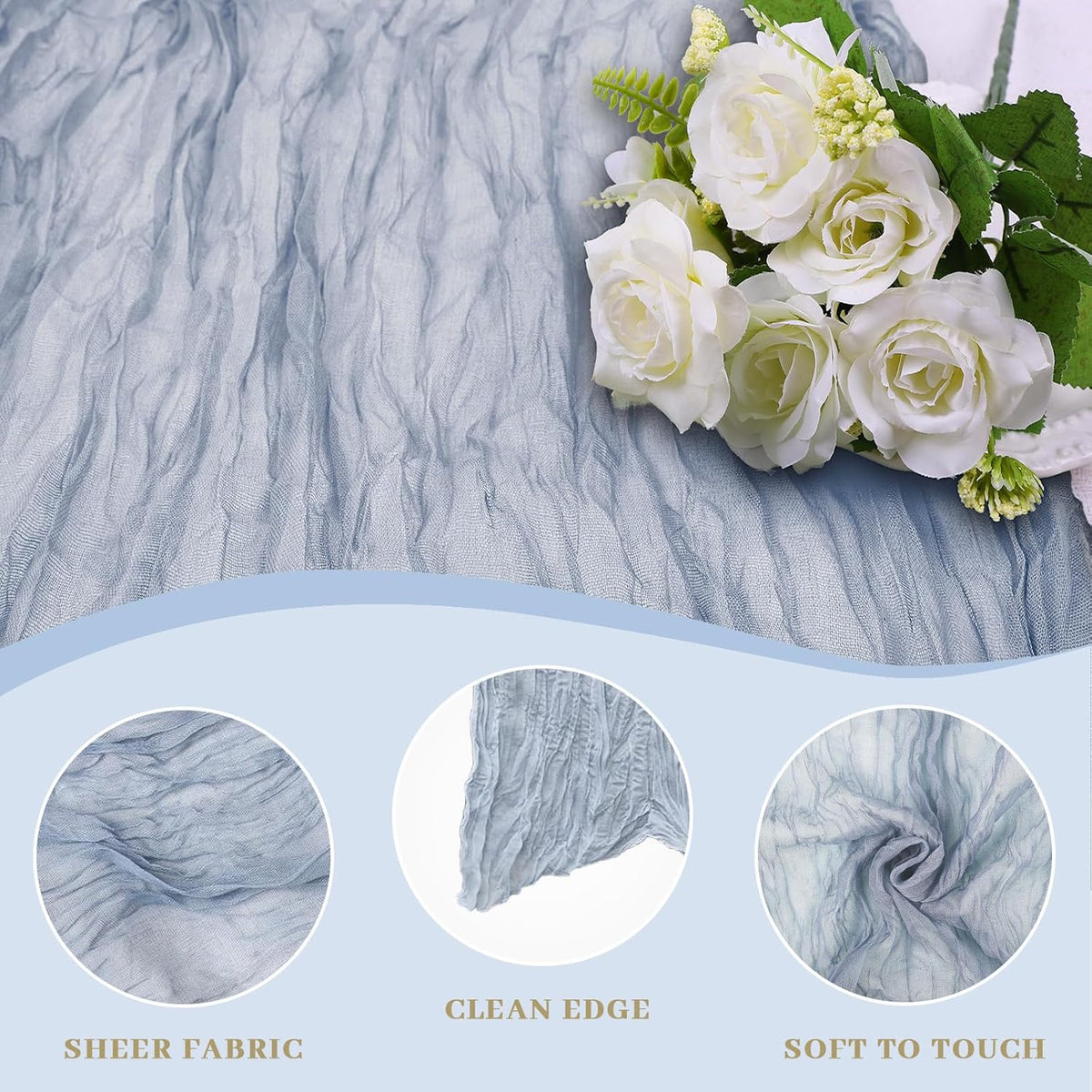 Le courant 6pcs 10Ft Cheesecloth Table Runner, Rustic Boho Gauze Cheese Cloth Runner Table Runner for Weddings Bridal Baby Shower Birthday Holiday Parties Home Decor, Dusty Blue