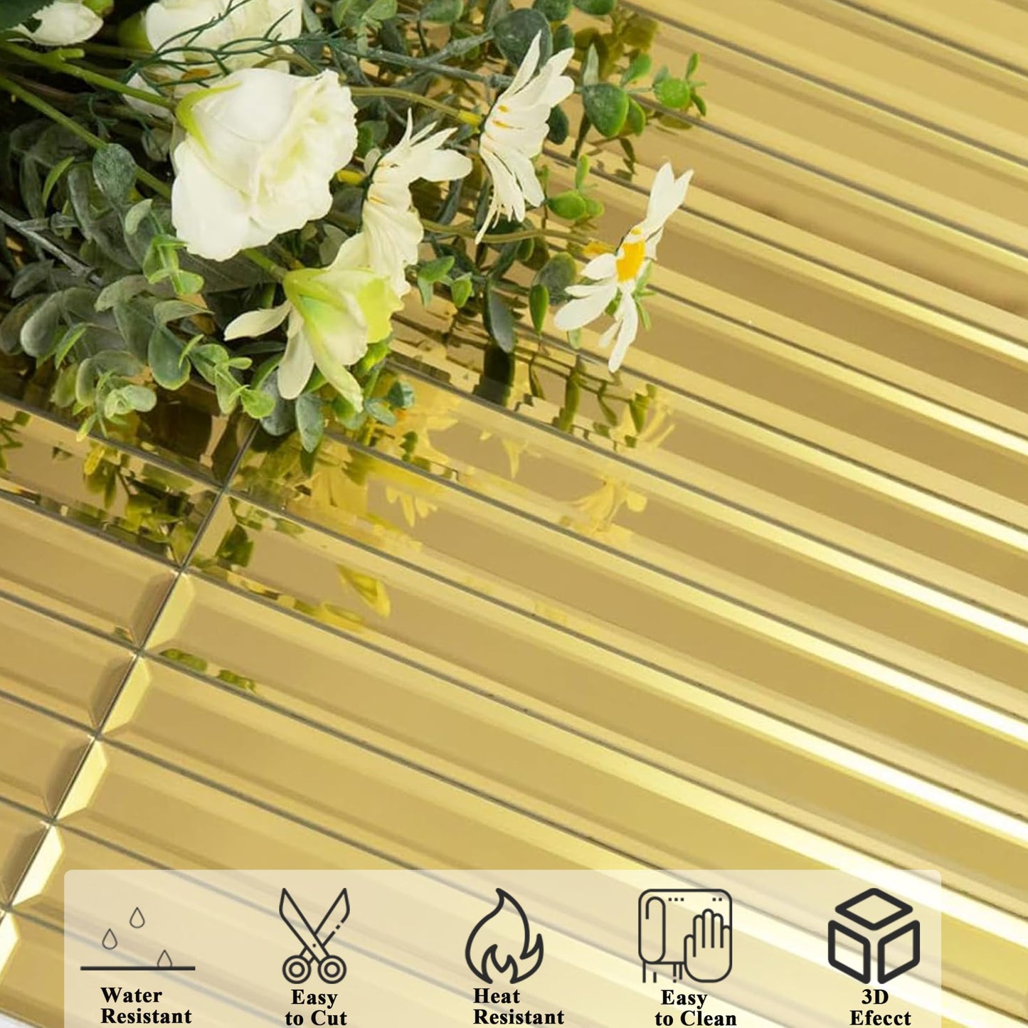 Diflart Beveled Mirror Backsplash Tiles for Kitchen, Gold Strip, 12x12 Inch, Mirror TIile for Bathroom Accent Wall, Pack of 5 Sq.ft