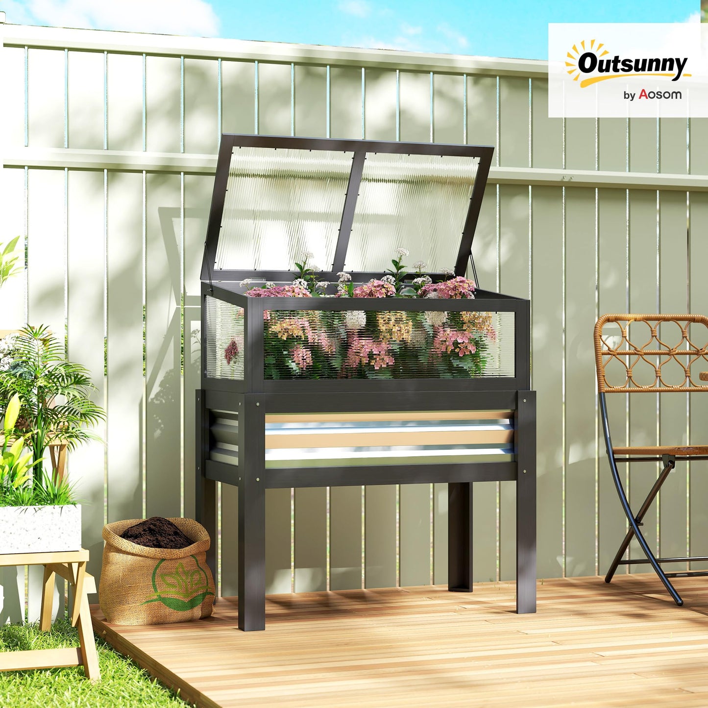 Outsunny Wooden Raised Garden Bed with Flip-Up Greenhouse Top, Raised Garden Bed with Legs and Bed Liner, Elevated Planter Box for Flowers, Vegetables, Herbs, Gray