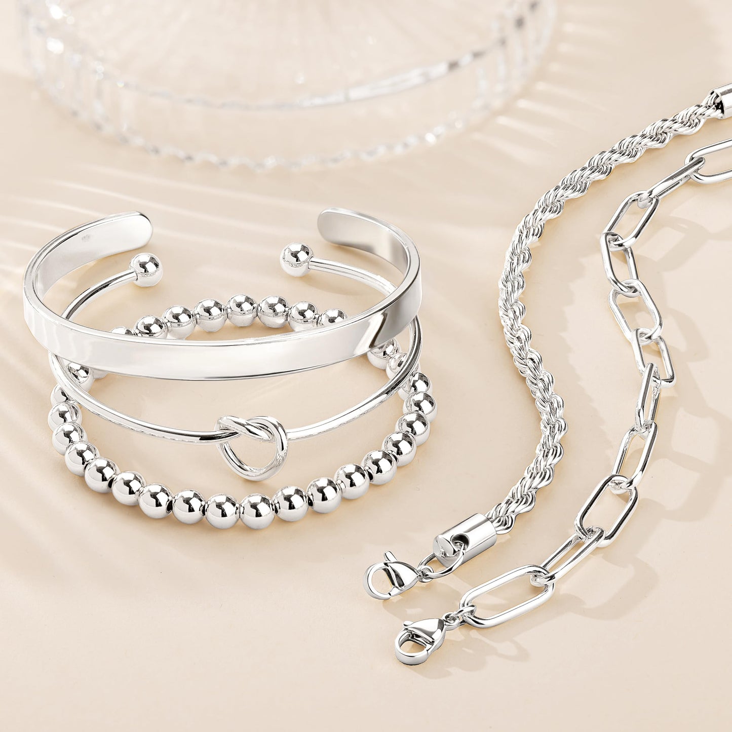 Gokeey Silver Cuff Bracelets for Women,Dainty Silver Bangles Bracelets Set for Women, Paperclip Link Chain Rope Beaded Tie Knot Bracelets Stack Chunky Jewelry