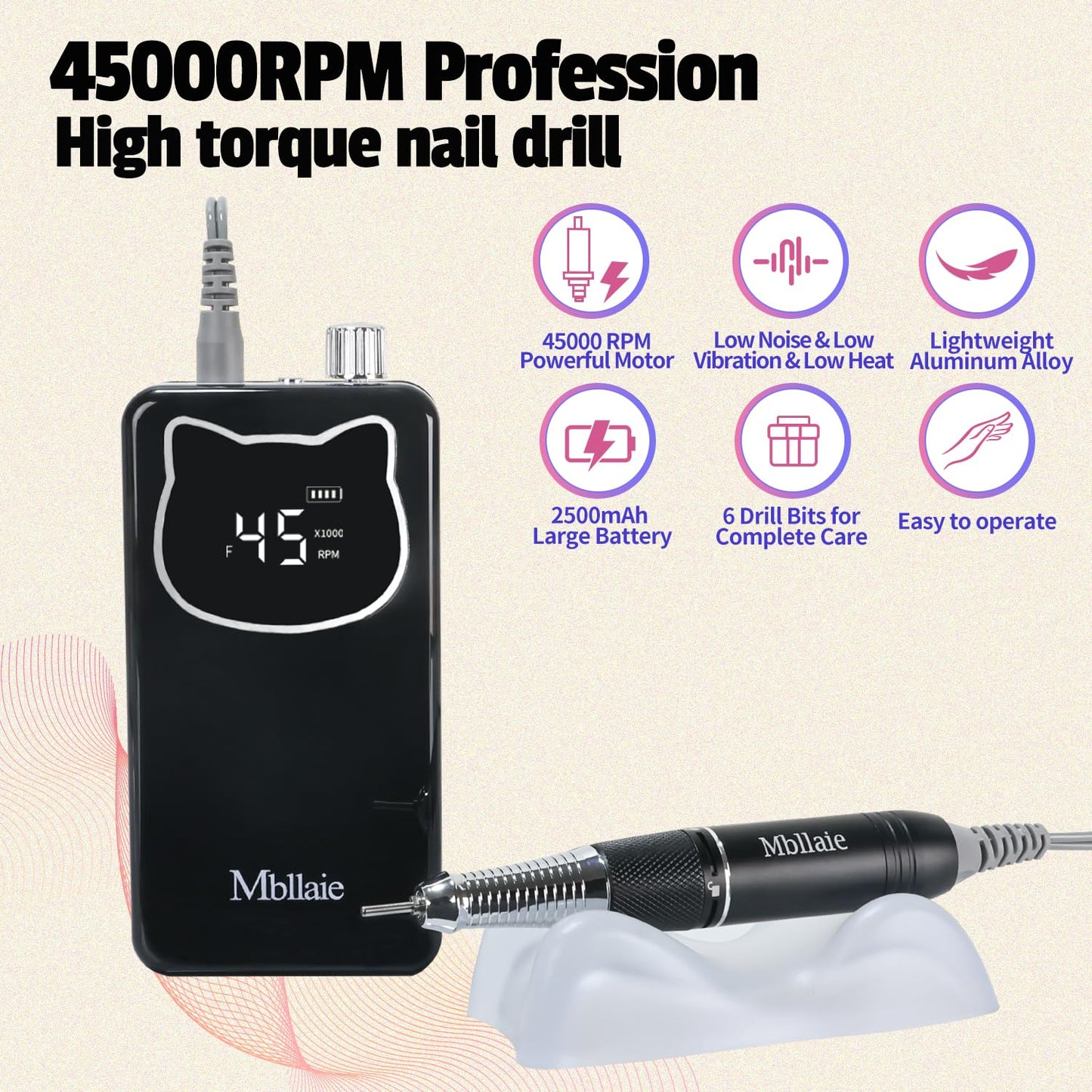 Professional Nail Drill File 45000RPM Electric Portable Nails Drills Kit with Rechargeable 7 uñas Bits Cordless Efile for Poly Gel Acrylic Nails Remover Home Salon Pedicure Manicure Tool (Black)
