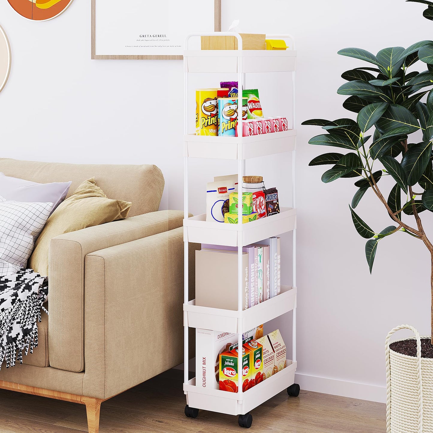 Buzowruil Rolling Storage Cart 5 Tier Organizer Mobile Shelving Unit Storage Rolling Utility Cart with Wheels for Kitchen Bathroom Laundry,White