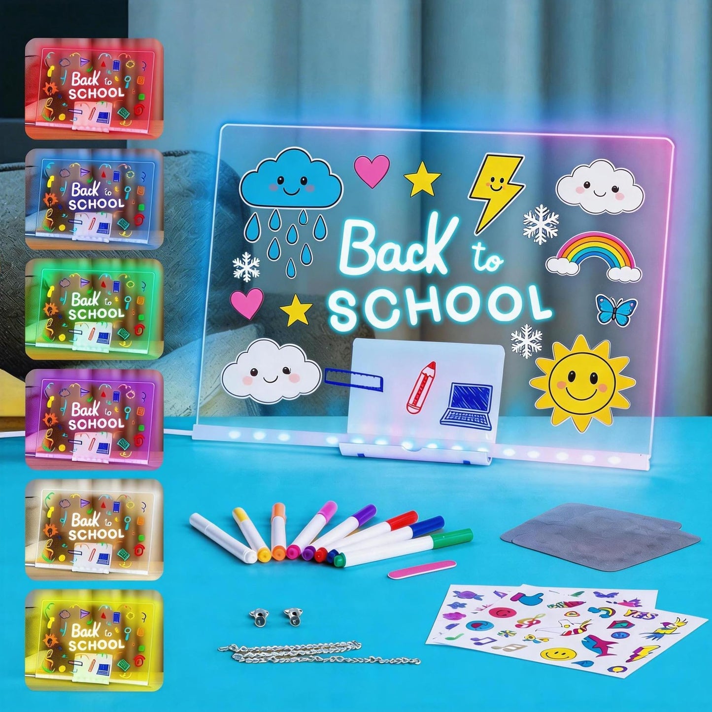 LED Drawing Board, 14'' Acrylic Note Board with Colors, Include LED Light Up Writing Pad 4 Modes & 7 Colors, 8 Markers, Stand, Hanging Chain, 2 Gel Clings, Holiday Gift