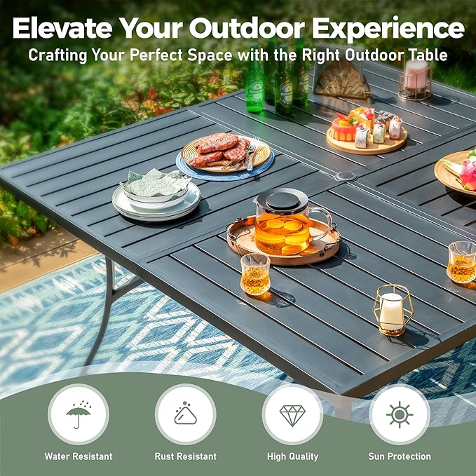 Patio Dining Set for 8, 60" x 60" Square Metal Table with Umbrella Hole, 8 x Stable Brown Dining Chairs, Outdoor Table and Chairs Set for Lawn Backyard and Deck