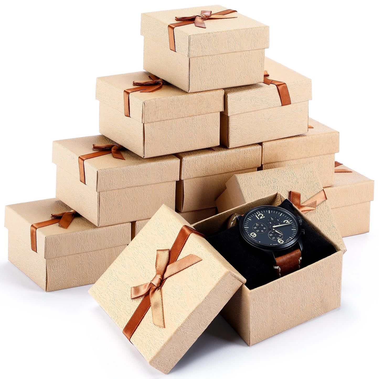 Jexine 12 Pieces Father's Day Gift Boxes for Dad Men 3. 5 Inch Necklace Earring Ring Box Bow Cardboard Jewelry Watch Holder with Velvet Insert Lids for Keychain