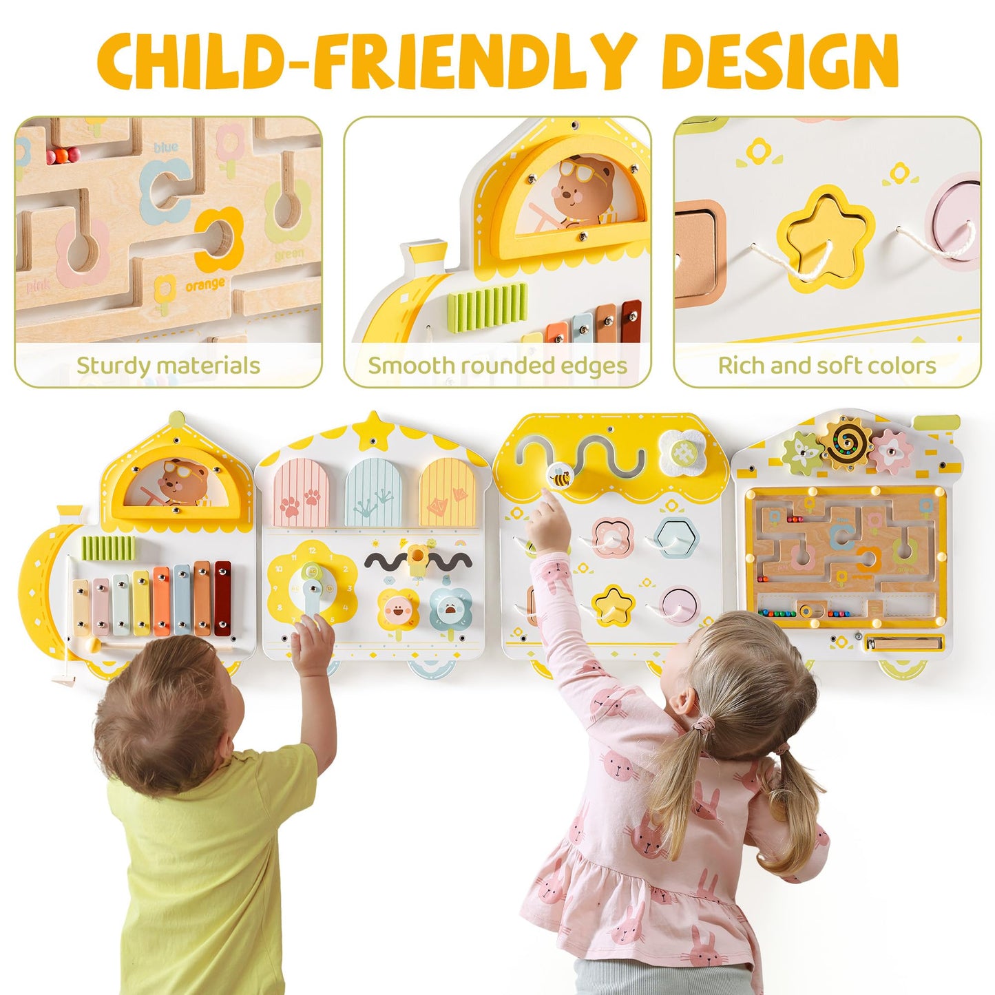 ROBUD Activity Wall Busy Board, Spring Train Montessori Busy Board, 12-in-1 Wooden Sensory Wall Panel, Montessori Sensory Wall Panel for Boys & Girls, Ideal for Toddler Playroom Nursery Classroom