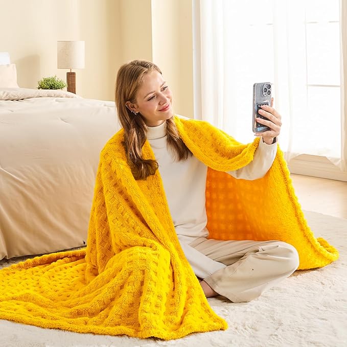 NEWCOSPLAY Super Soft Twin Blanket Yellow Premium Silky Flannel Fleece 3D Waffle Checkered Lightweight Bed Blanket All Season Use (Mustard Yellow, Twin(60"x80"))
