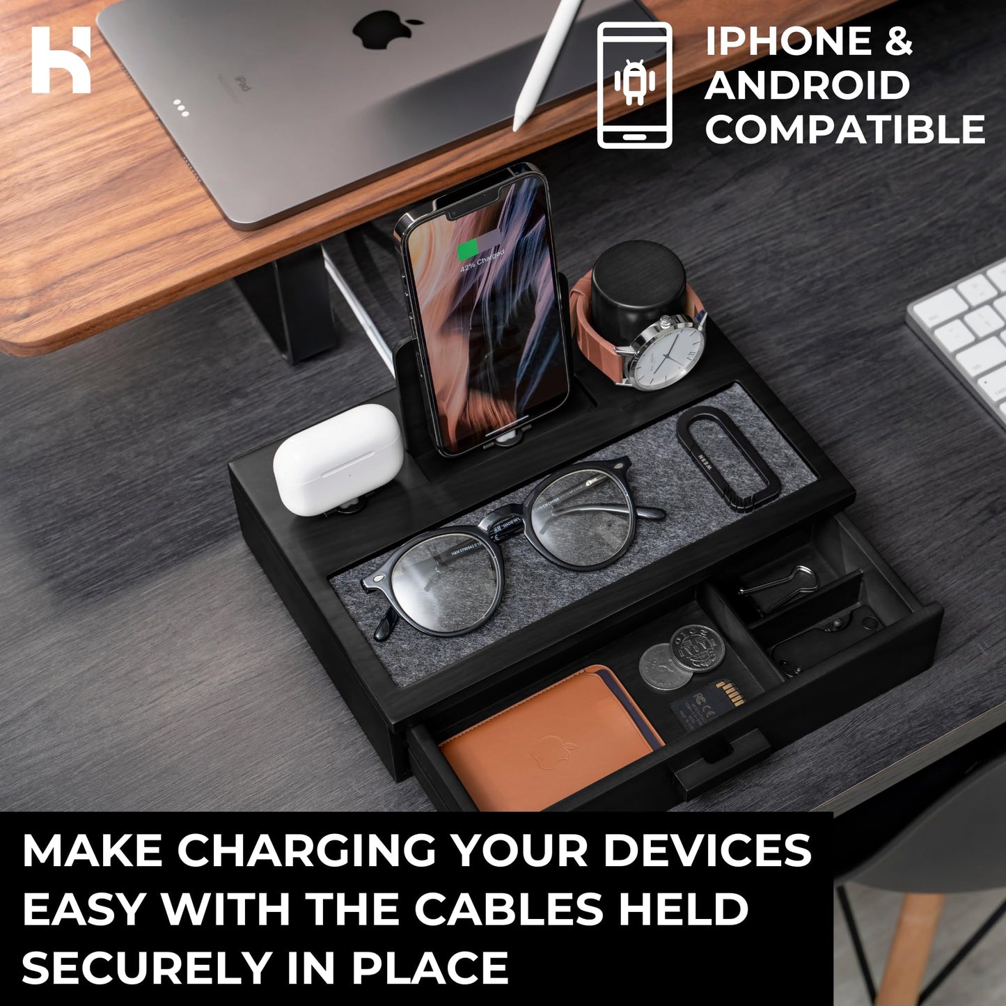 Holme & Hadfield Premium Wooden Phone Docking Station with Drawer – Nightstand Organizer for Charging Phone & Earbuds – Declutter Your Space with Felt-Lined Protection & Watch Pillar – Gift For Men
