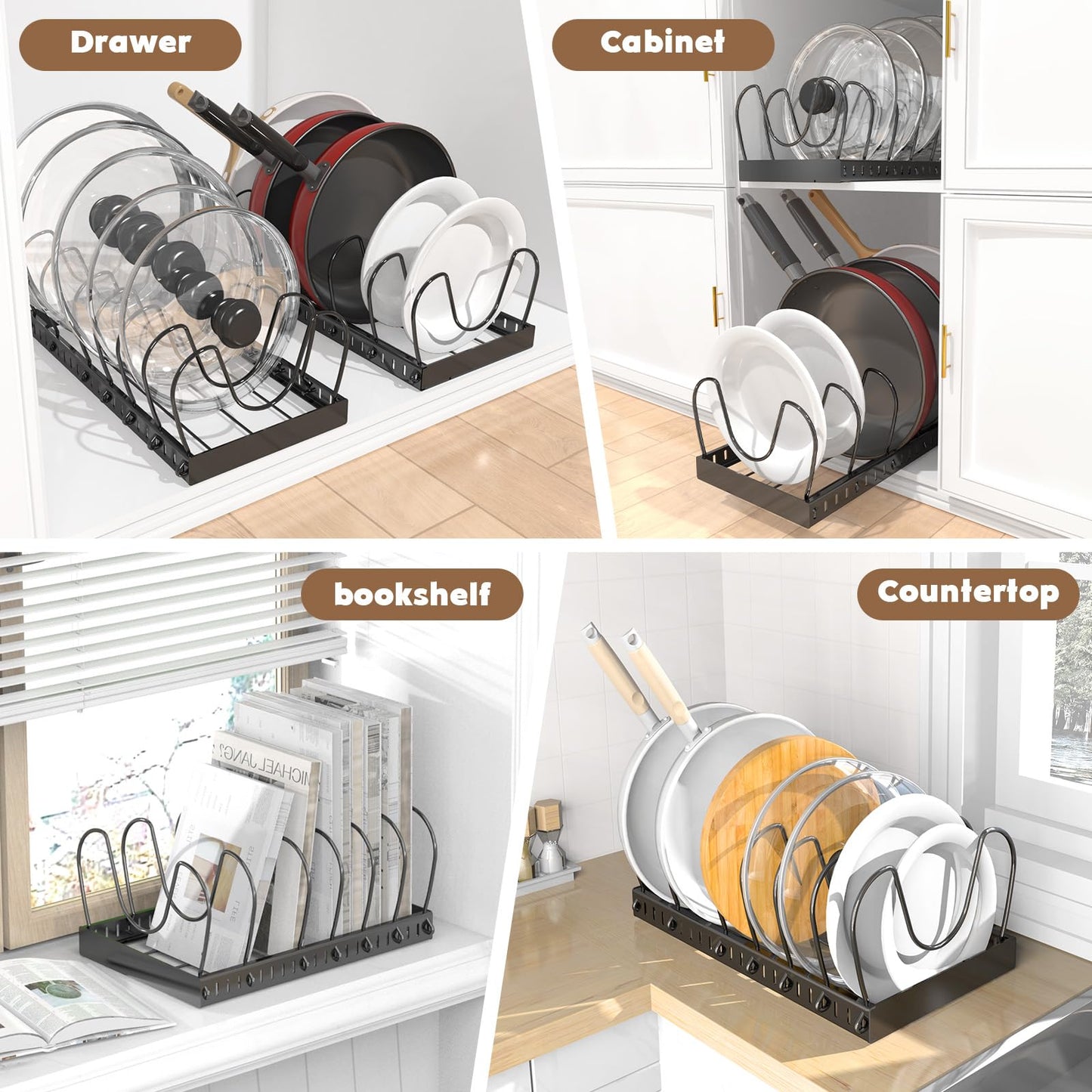 2PACK Pot Lid Organizers Inside Cabinet for Kitchen, Pots and Pans Organizer Under Cabinet with 16 Adjustable Dividers, Countertop Lid Holder, Rust-Resistant, Tool-Free Installation, Easy to Clean