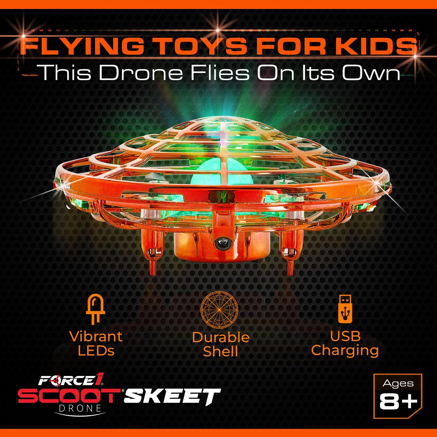 Force1 Scoot Skeet Mini Drone Electronic Shooting Game for Kids (Drone Only)- Hand Drones for Kids Compatible with Scoot Skeet LED Blaster, Electronic Target Game Indoor Flying Ball Drone Toy (Orange)