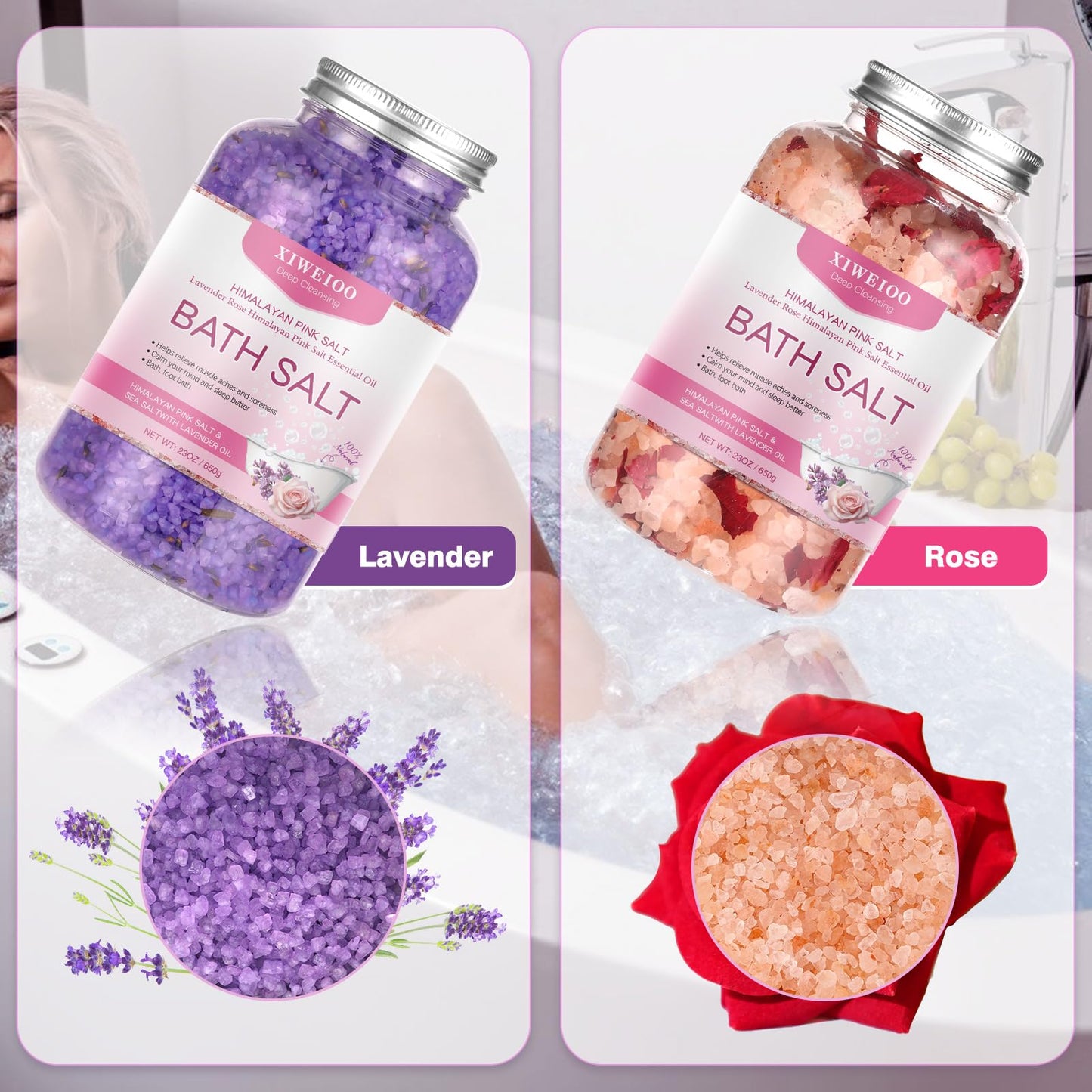XIWEIOO Bath Salts kit Himalayan Pink Salt -46 oz, Pack of 2 Natural Epsom Salt Rose, and Lavender- Essential Oils Relaxes and Better Sleep Foot Soak Tea Tree Oil Soaking & Bathing