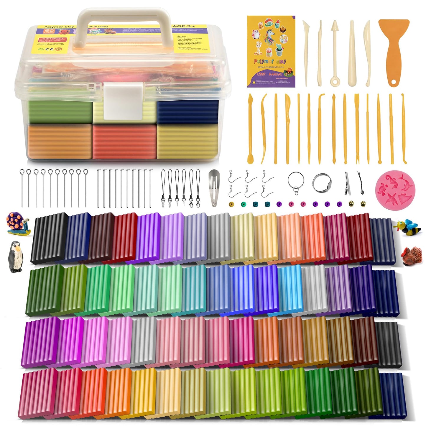 Aestd-ST Polymer Clay 60 Colors, Modeling Clays for Kids DIY Starter Kits, Oven Baked Model Clay, Non-Sticky,with Sculpting Tools, Holiday Gift for Children and Artists.