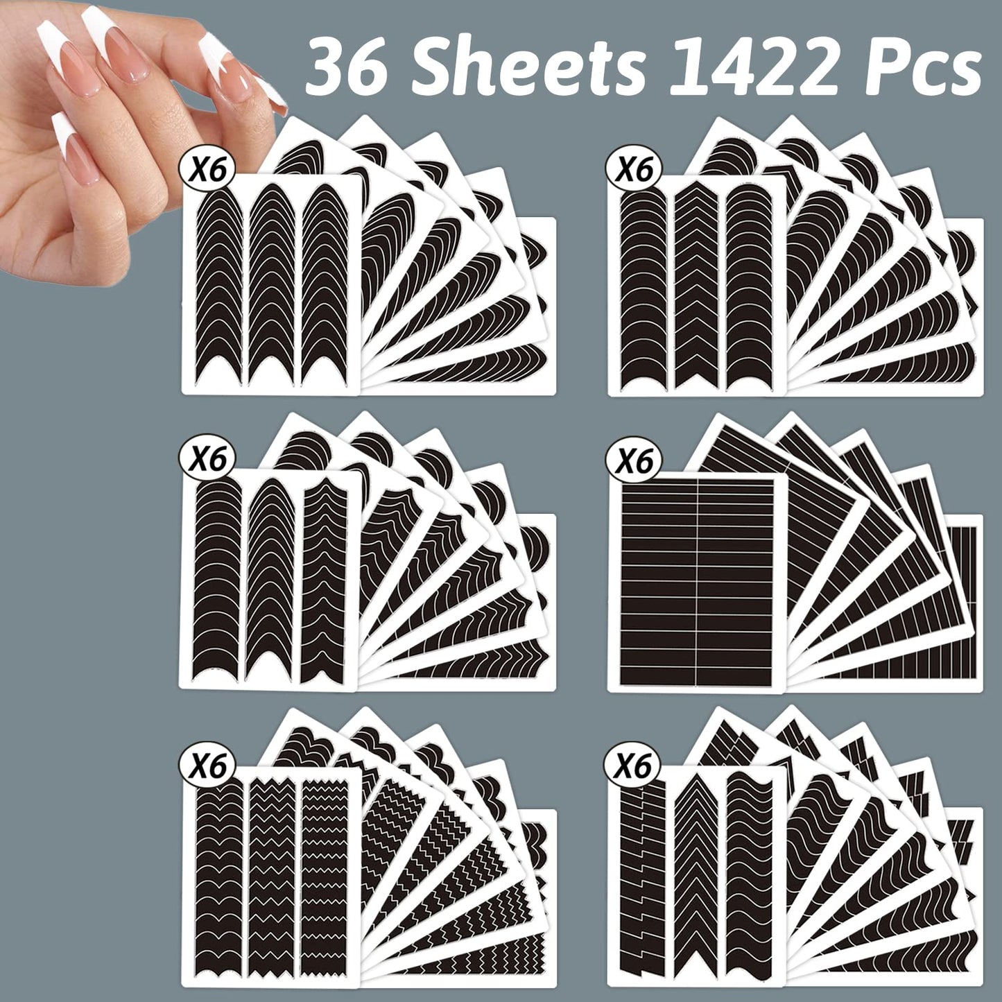 1422 Pcs French Tip Nail Guides, Self-Adhesive French Moon Shaped V-Shaped Manicure Strip Stickers for Edge Auxiliary Black DIY Decoration Stencil Tools(11 Designs, 36 Sheets)