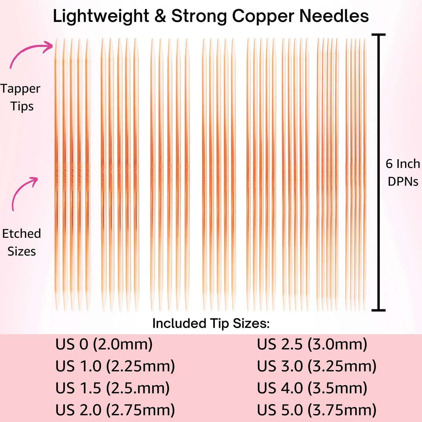 Lykke Cypra 6 in. Small Set US Sizes 0, 1, 1.5, 2, 2.5, 3, 4, 5 DPN Double Point Knitting Needles for Fingering, Sock, Baby, Sport, DK Yarn, Copper with Black VS Case, Project Bag