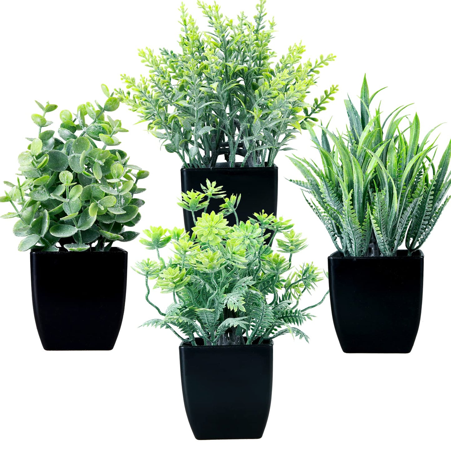 GREENTIME 4 Pack Fake Plants in Black Pot Small Artificial Eucalyptus Potted Plant Wheat Grass Mini Faux Greenery for Home Decor Indoor Office Table Room Farmhouse Bathroom Decorations