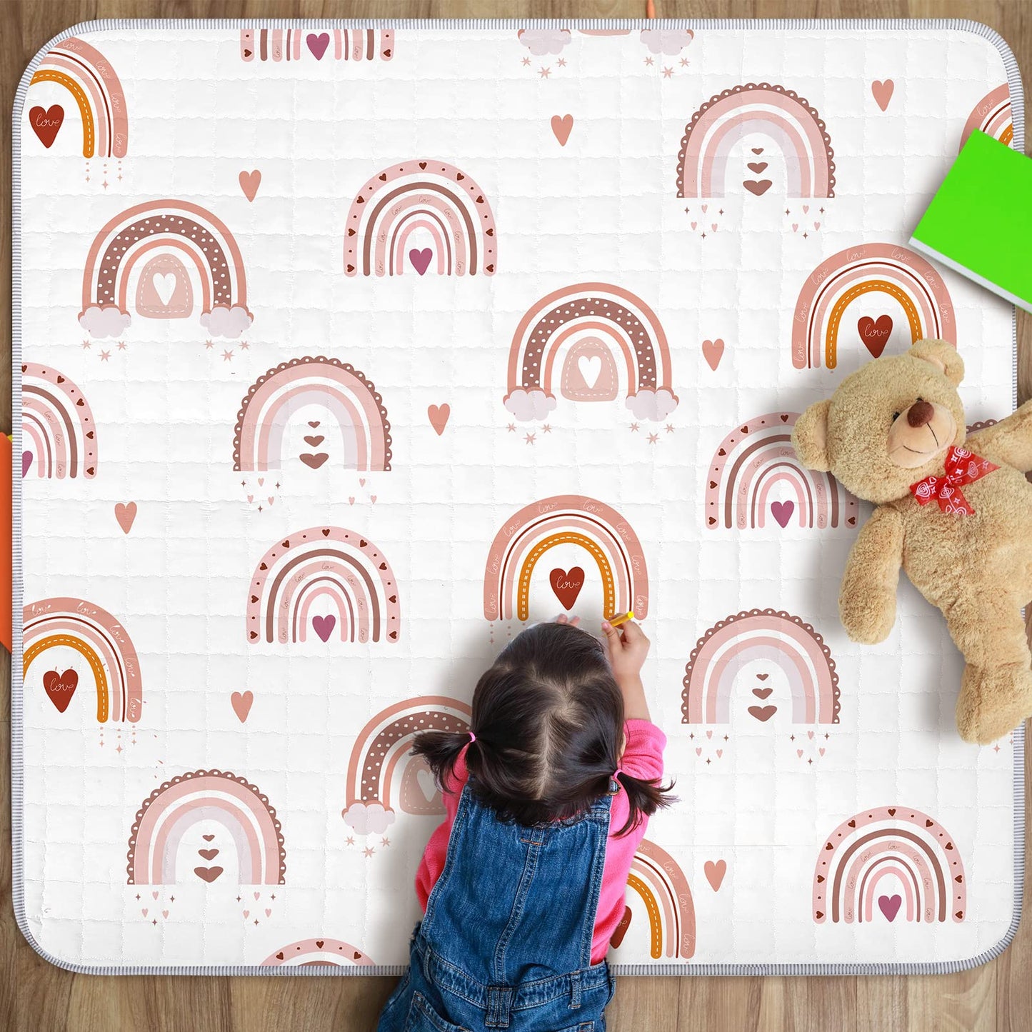 Funtery 43 x 43 Inch Boho Baby Play Mat Portable Crawling Washable Foldable Tummy Time Non Slip Baby Floor Large Playpen Mat for Infants Toddlers Floor Playpen Activity(Boho Rainbow)
