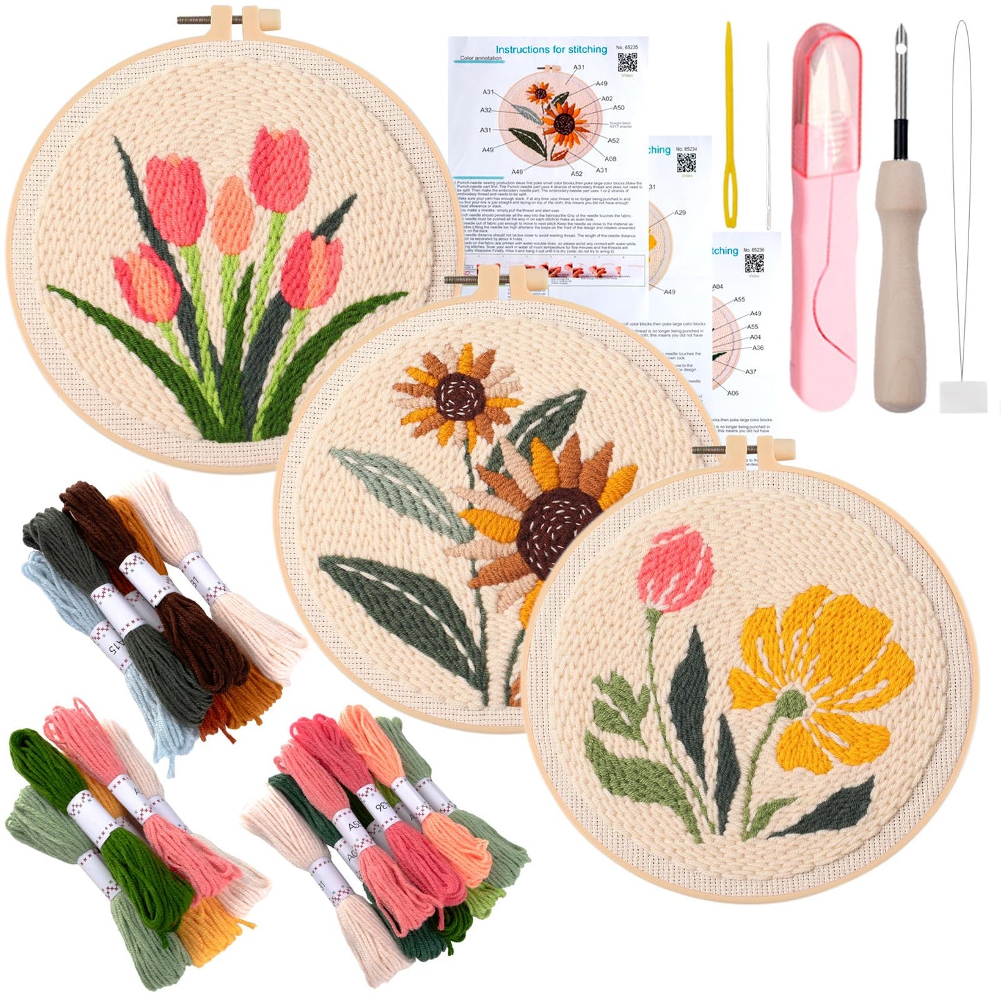 Peotclola Punch Needle Kit for Adults,3 Sets Punch Needle Kits Beginner DIY Embroidery Starter Set with Tools for Home Decoration, Family, Friends Gifts(Flowers)