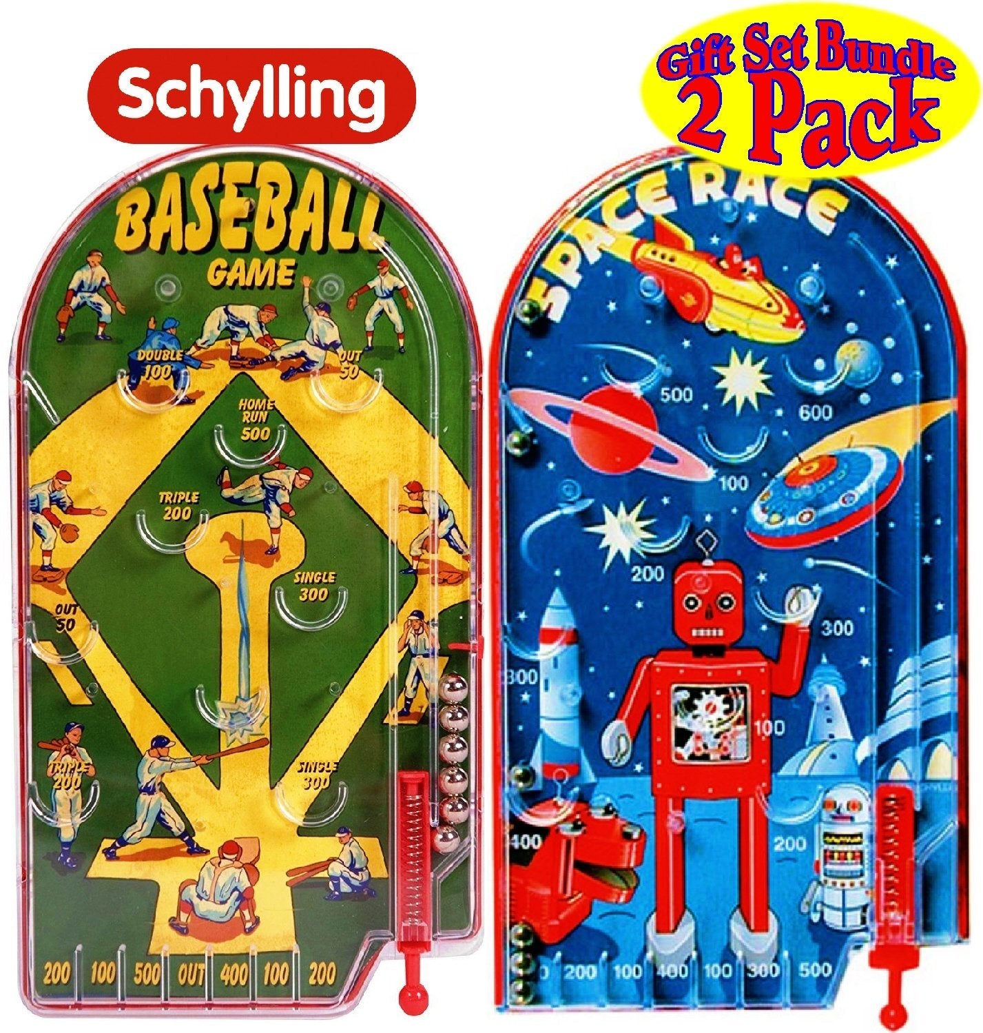 Schylling Classic 10" Pinball Games Space Race & Home Run! Baseball Gift Set Bundle - 2 Pack