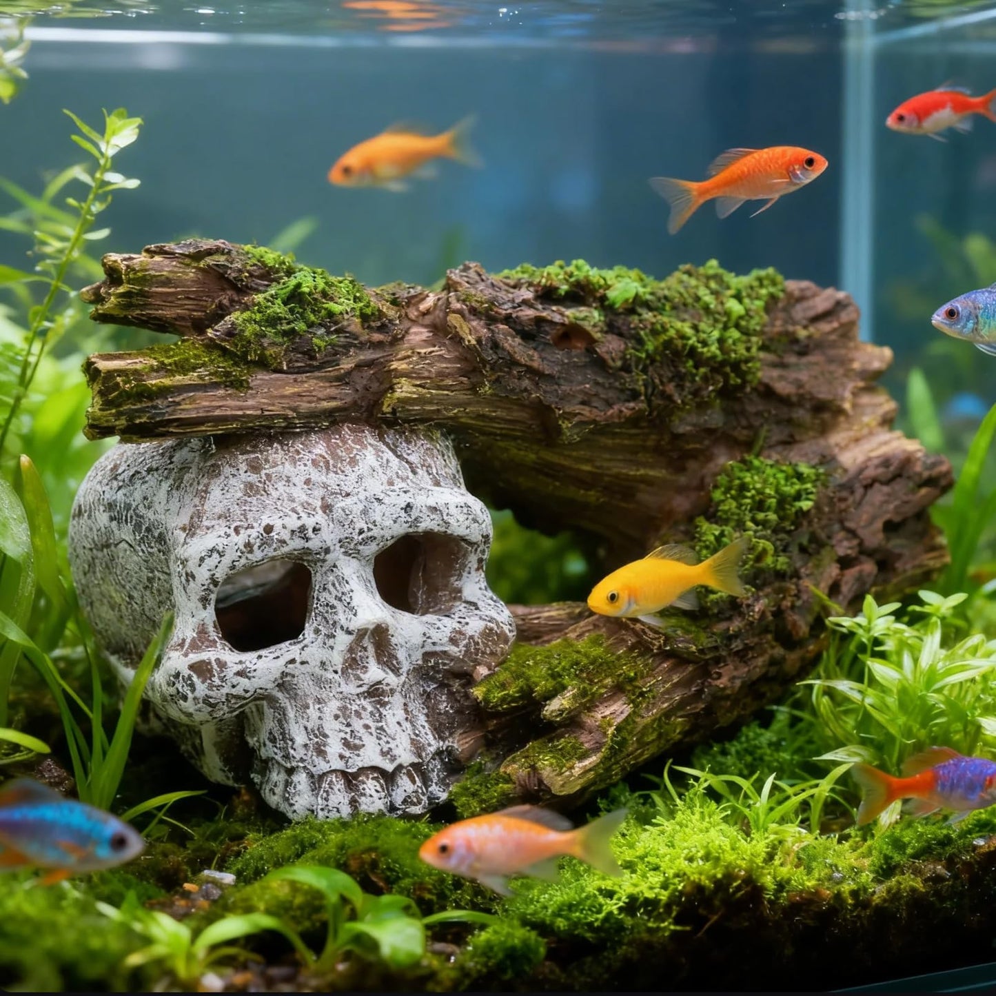 QIYURIDE Fish Tank Decorations, Large Aquarium Decor Accessories with Skull and Driftwood, Bearded Dragon Hideout, Reptile & Amphibian Habitat Hideouts