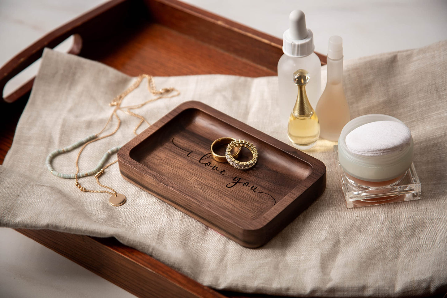 MUUJEE I love you Ring Dish - Engraved Rectangle Wood Tray Small Jewelry Dish 5 Year Wedding Anniv Gifts Ideas - 5.5" x 3.5" (I Love You)