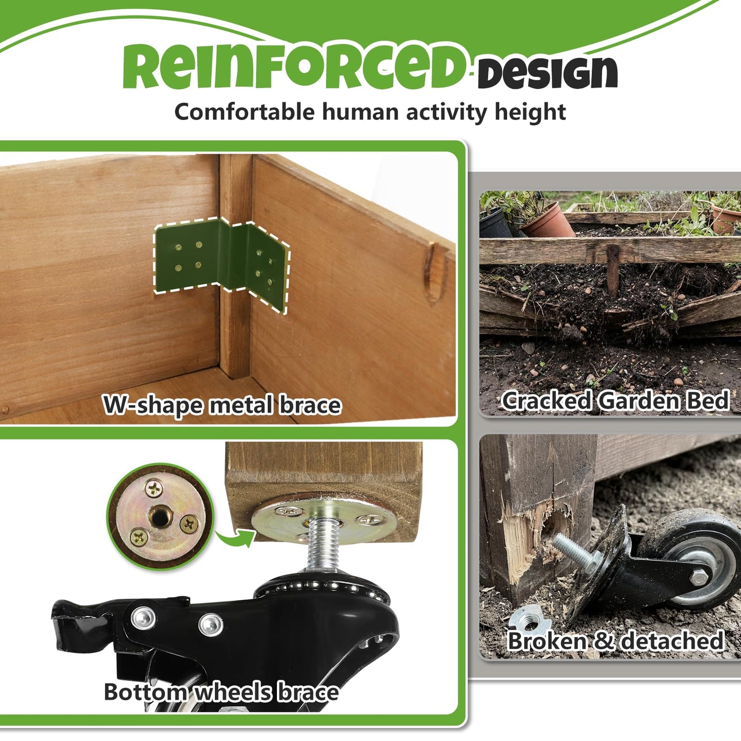 33"H Raised Garden Bed with Wheels, Ergonomic Elevated Wood Planter Box with Shelves and Root Drainage, Upgraded Metal W-Shaped Sturdy, Ideal for Vegetable Herb Flower, Backyard Balcony Patio