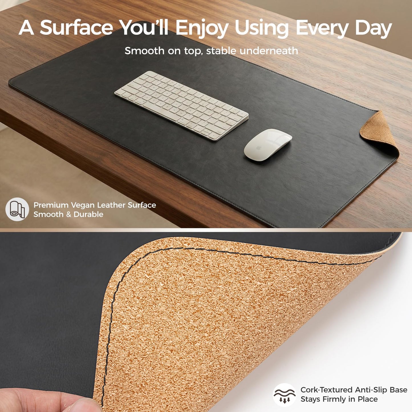 Premium Faux Leather Desk Mat & Tray Set，Innovative Cork-Look Printed Base，Gift Tube Packaging，Full-Desk Coverage，Non-Slip Desk Pad for Office Home（Classic Black）