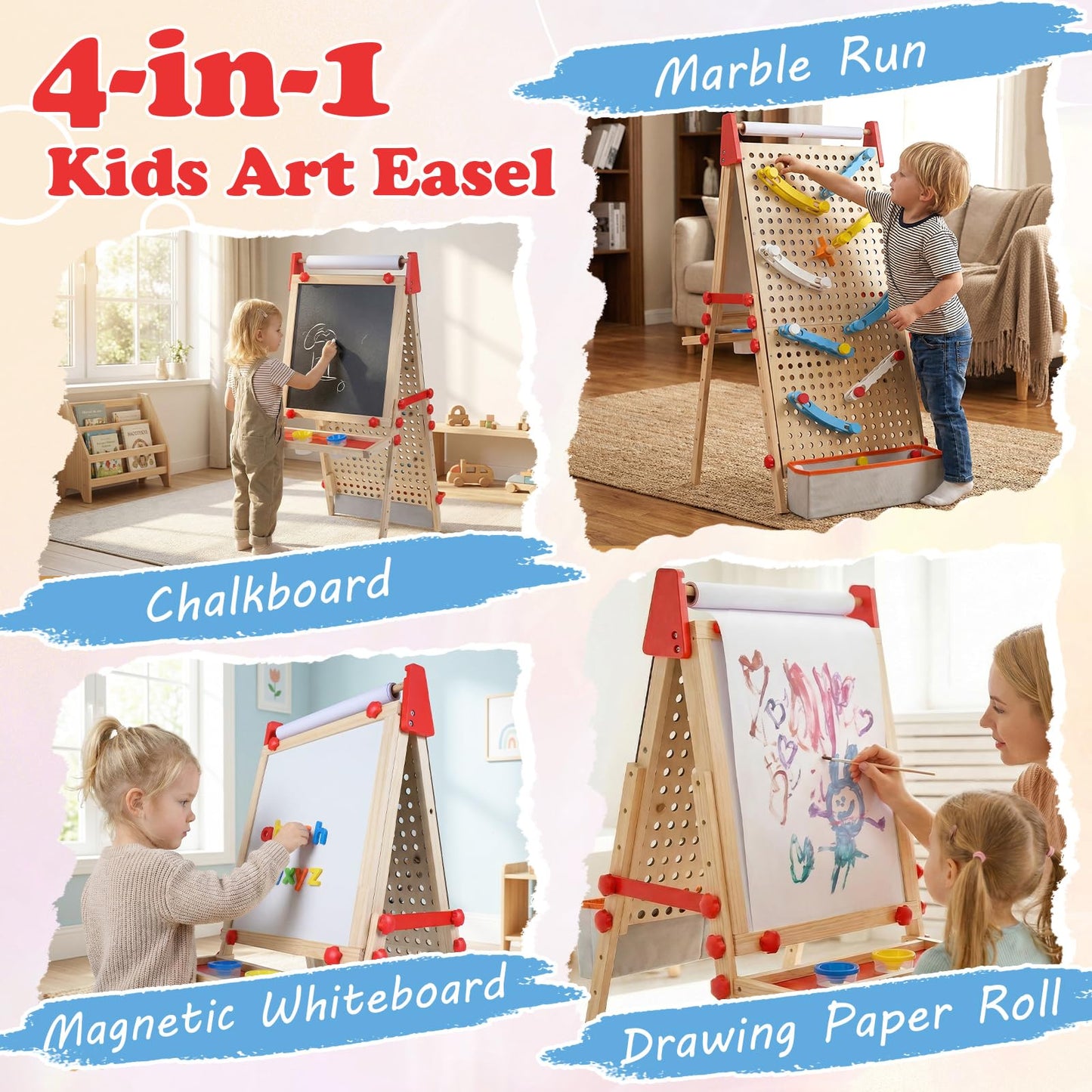 OLAKIDS 4 in 1 Easel for Kids with Marble Run, Magnetic Whiteboard, Chalkboard, Drawing Paper Roll, 6-Level Adjustable Height for Toddlers Ages 3-10
