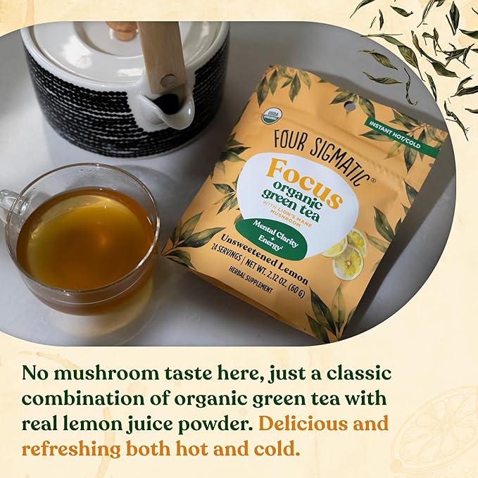 Four Sigmatic Focus Organic Green Tea | Focus Enhancing Tea with Lion's Mane Mushroom Extract | Organic Green Tea, Mint, and Rose Hips | Vegan, Gluten-Free | Unsweetened with Lemon, 24 Servings