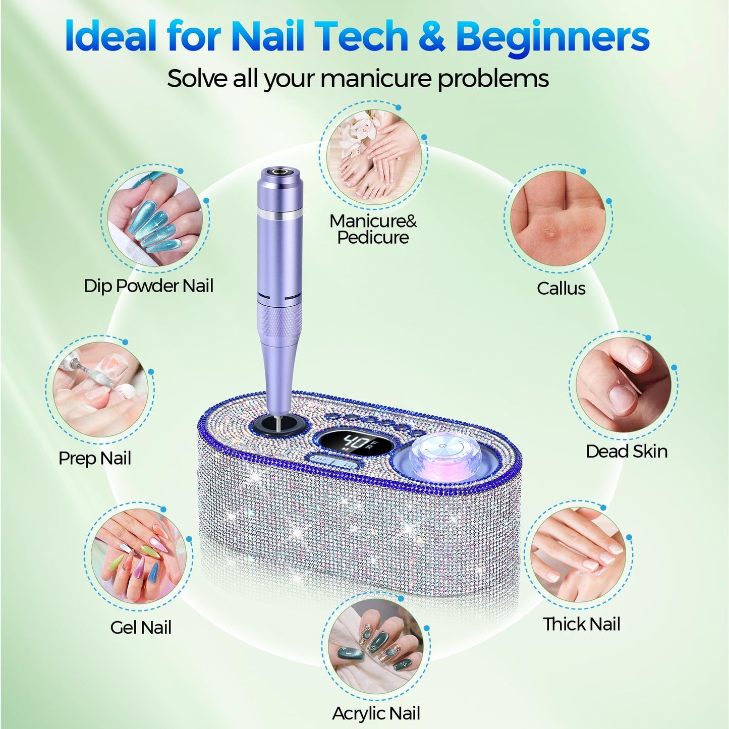 Nail Drill Electric File: DEDNMSCA Sparkly Professional Nail Drill Kit, 40000RPM E-File Machine with 12 Drill Bits for Acrylic Nails Remove Nail Gel Polish Manicure for Salon Home, Diamond Lamp