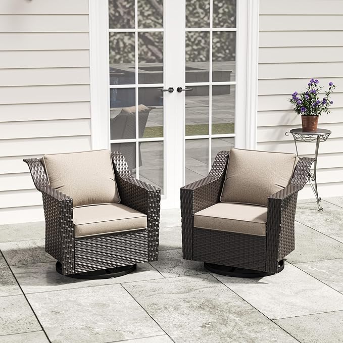 Patio 2 Pieces Wicker Swivel Chairs Set of 2，Outdoor PE Rattan Rocking Glider Armchairs, Water-Resistant Cushions with Removable and Washable Covers, Porch, Balcony, Sunroom (Beige)