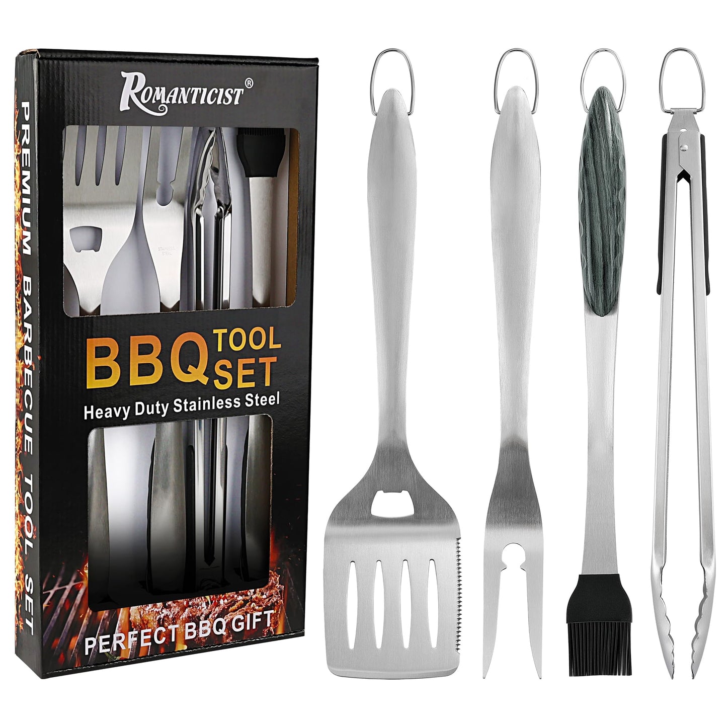 ROMANTICIST 4pc Heavy Duty Grill Accessories for Top Chef - Professional Grill Tools Set & Basic BBQ Tools for Backyard Restaurant Outdoor Kitchen - Deluxe Grill Gift for Dad on Father’s Day Christmas