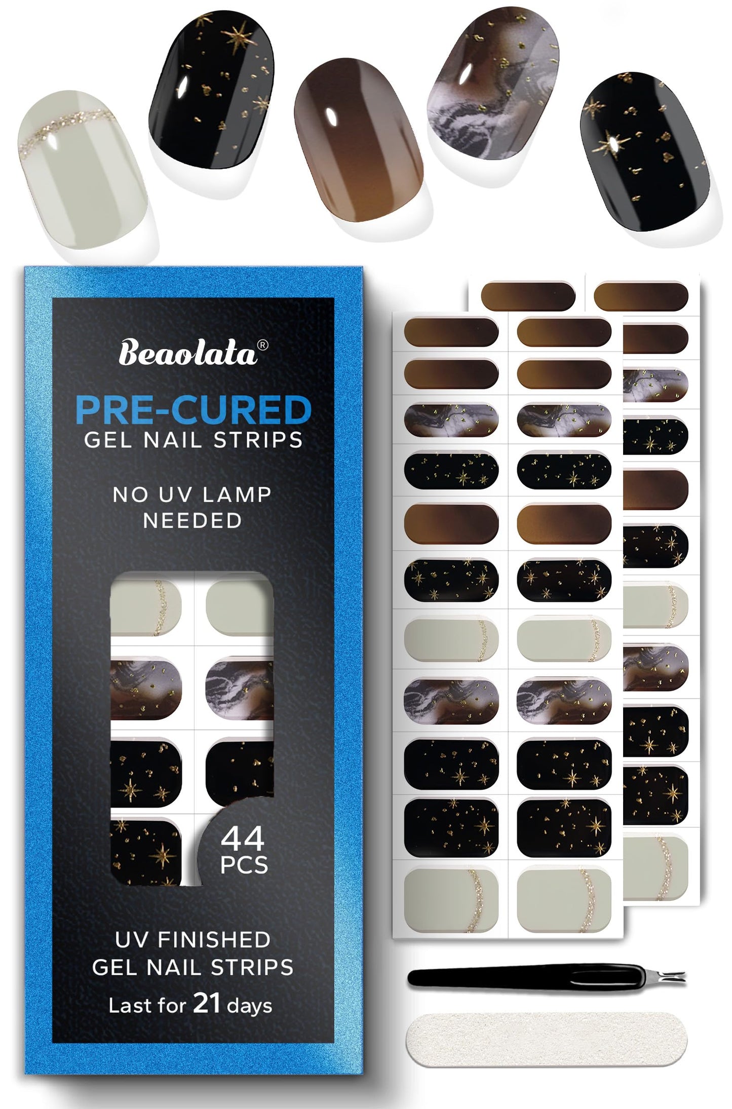 Beaolata Real Gel Nail Strips (No UV Light Needed) - 44Pcs Salon Quality Nail Stickers - Long Lasting Polish Wraps for Women, Easy Apply & Remove (Twilight Galaxy Black)