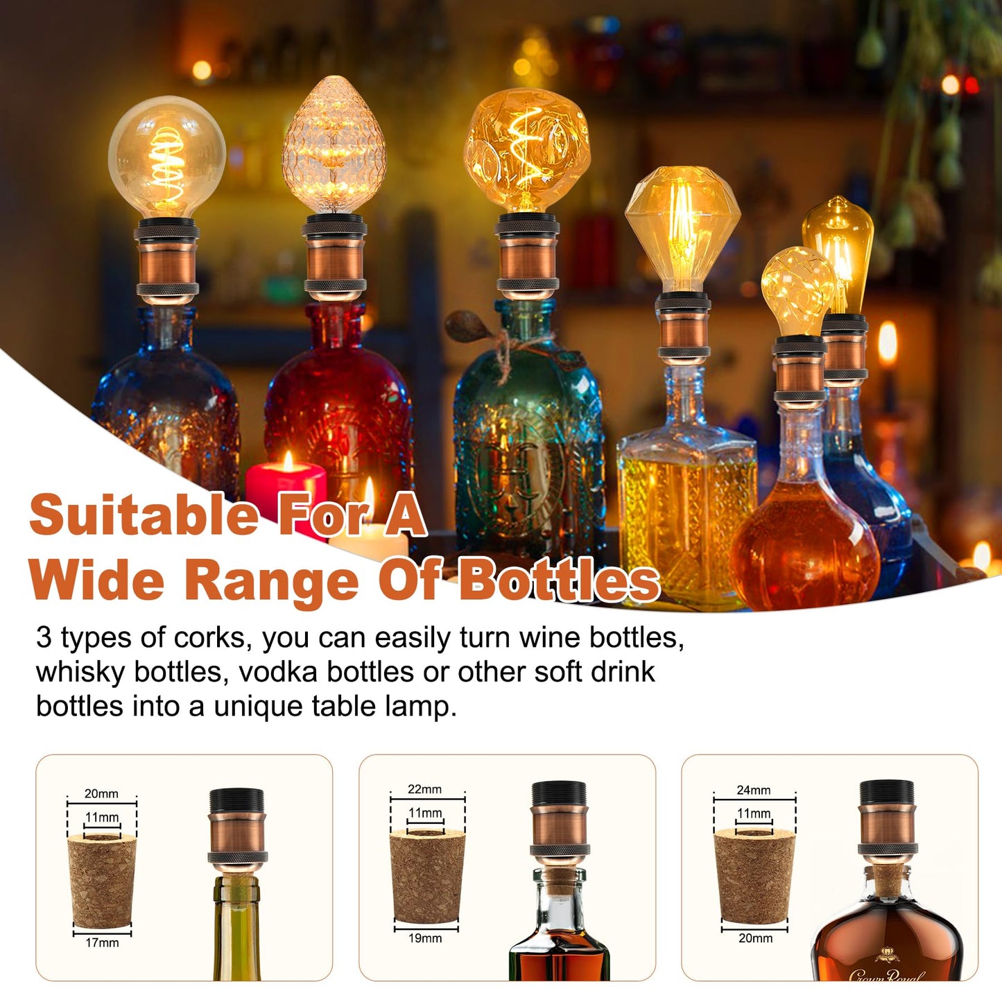Bottle Lamp Kits, 2 Pack Bronze Bottle Lamp Adaptor Kit, Lamp Kits Do it Yourself, E27 Ceramic Lamp Holder with 95 in Plug and Switch, Brass Table Lamp Kit, Lamp Making kit, with 3 Sizes of Stoppers