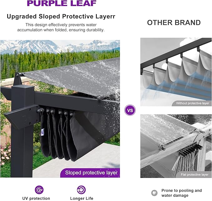 PURPLE LEAF Outdoor Retractable Pergola with Curtains 10' x 10' Patio Aluminum Pergola with Sun Shade Canopy for Backyard Deck Garden Modern Metal Pergola, Gray