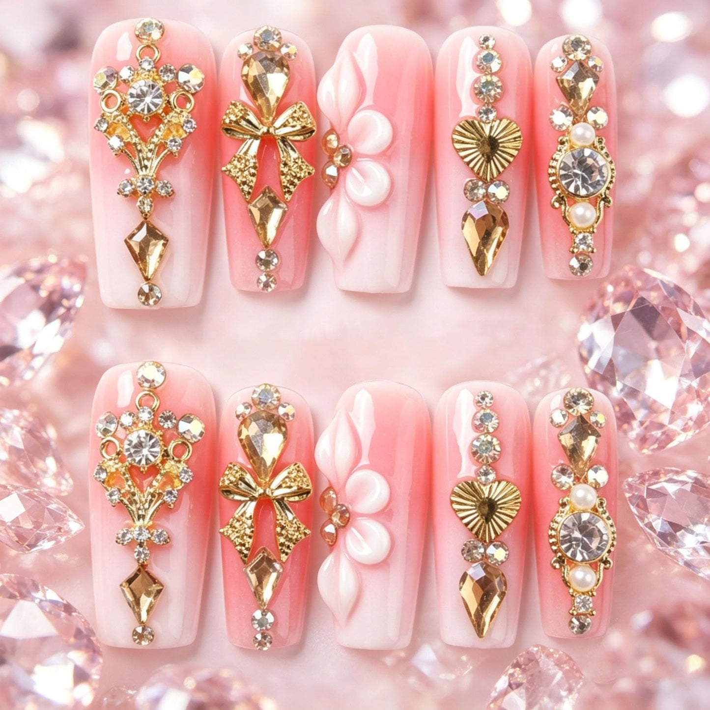 Long Square Press on Nails Handmade 3D Cute Glue on Nails for Women, Luxury Homemade Press on Nail Art Design, Fake Nails with 3D Nail Charms Size M 5